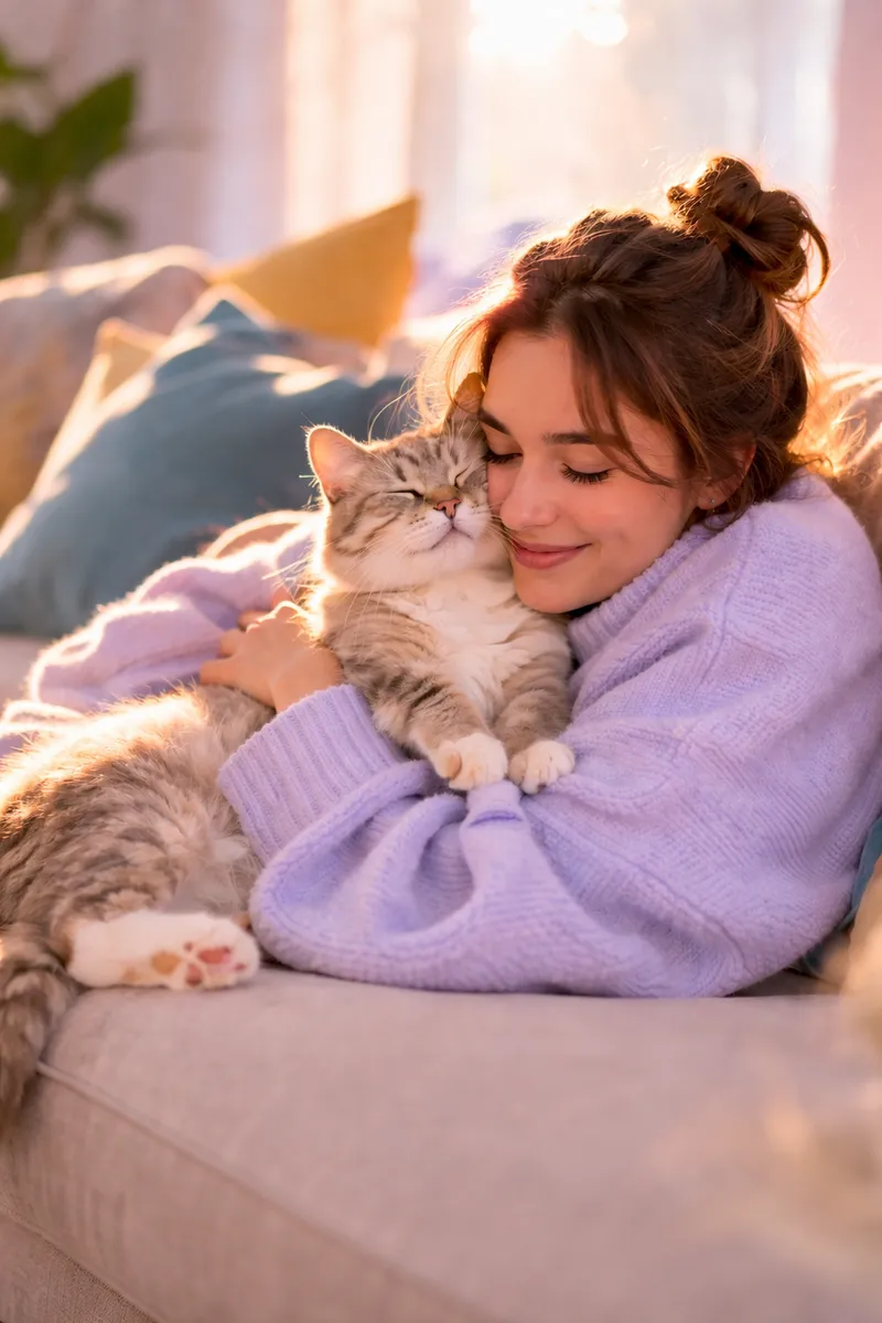 Woman hugging cat