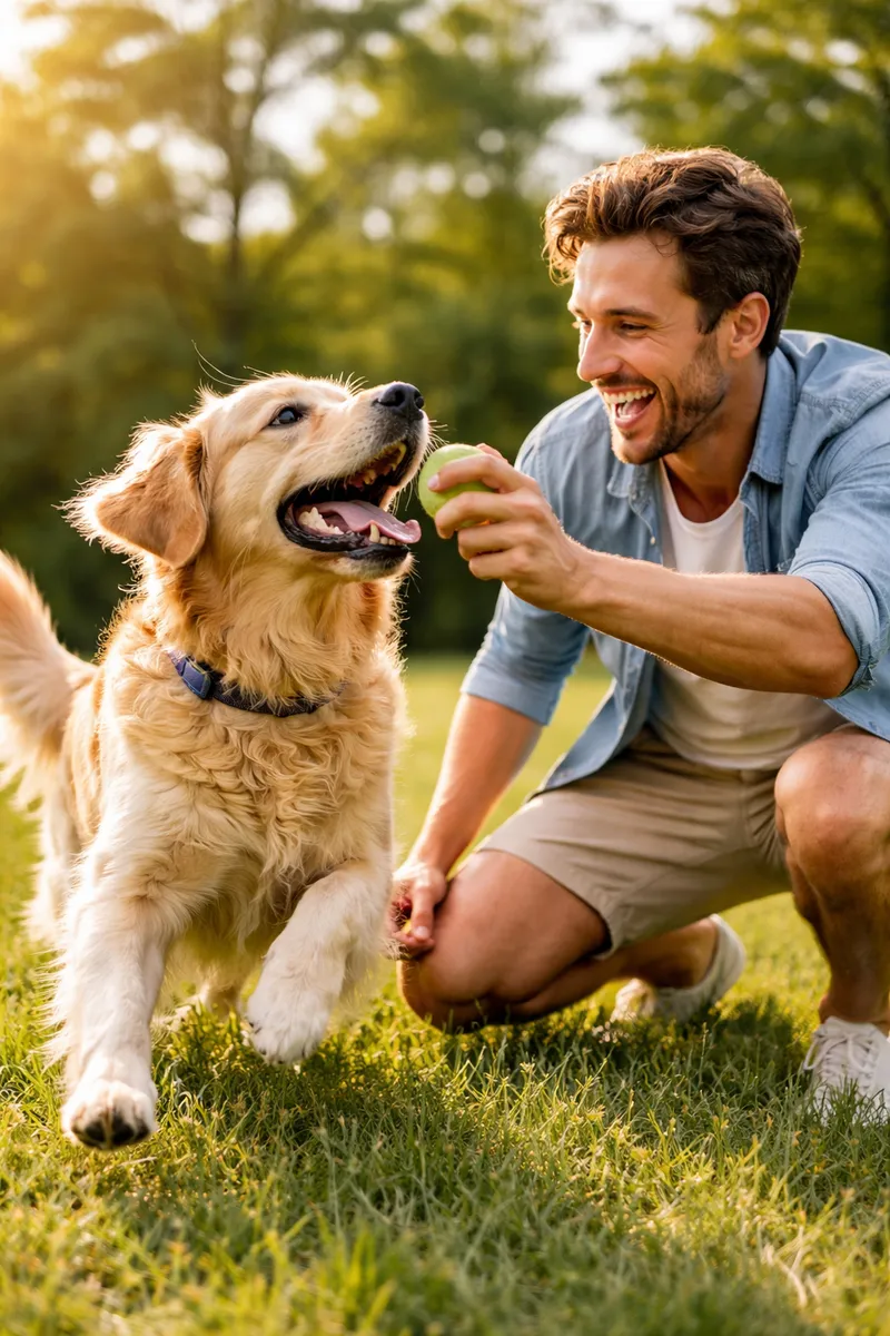 Man cuddling with dog