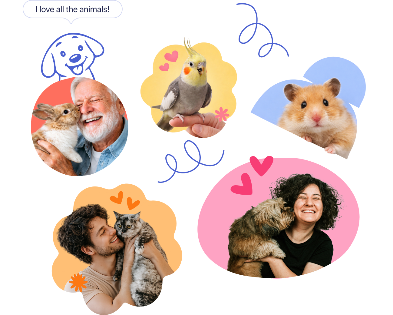 A brown dog, green parrot, orange hamster, and a woman cuddling her cat — plus a 'I love all the animals' speech bubble